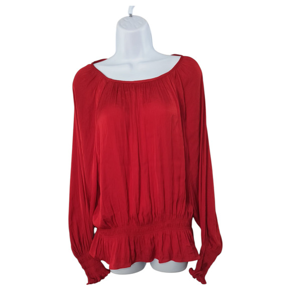 H&M Peasant Blouse Women's Sz 14 Red Long Sleeve Ruffle Shirred Waist Cuffs Top - Picture 7 of 12